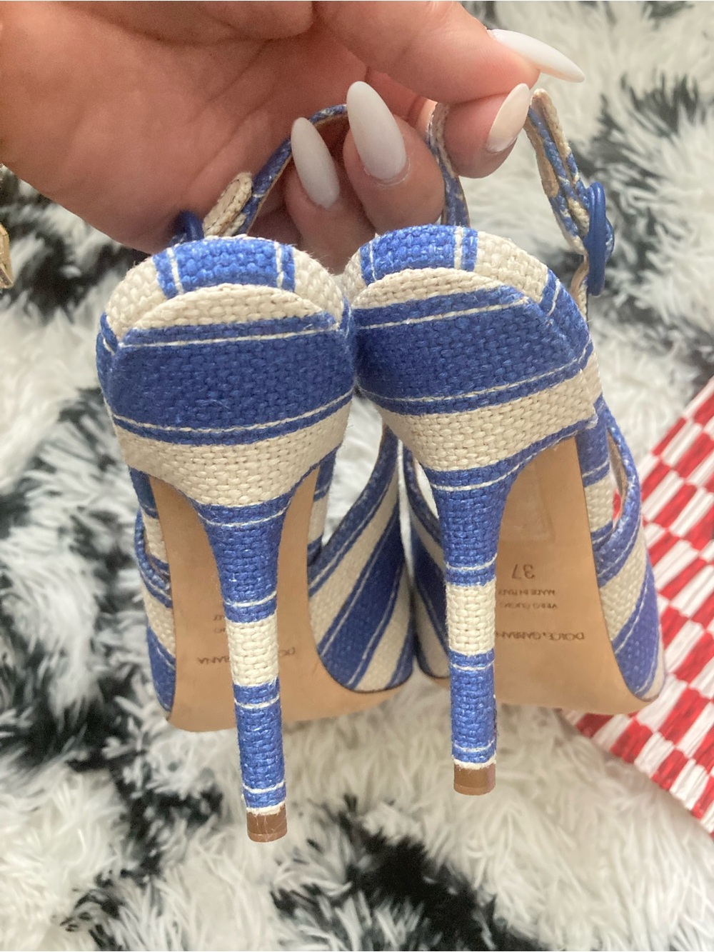 Dolce & Gabbana Blue and White Striped Pointed Slingback Flats - Picture 3 of 3